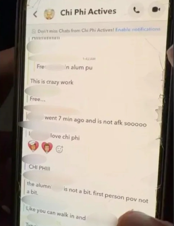 Photo of a phone screen showing the "Chi Phi Actives" Snapchat group chat, with names blurred.