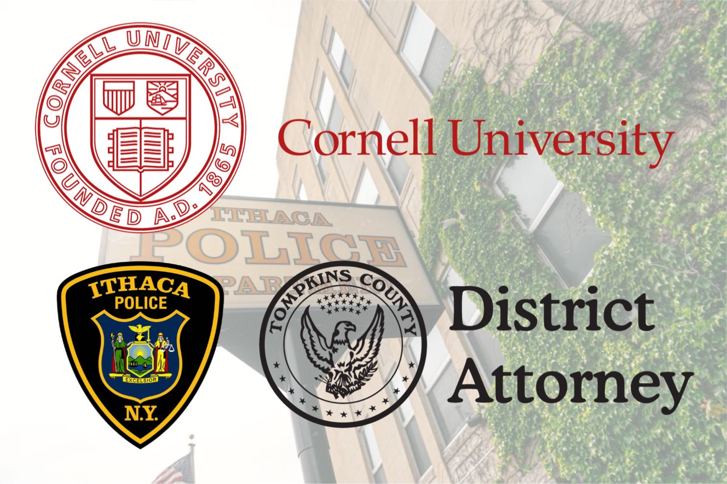 Seals of Cornell University, the Ithaca Police Department, and the Tompkins County District Attorney.